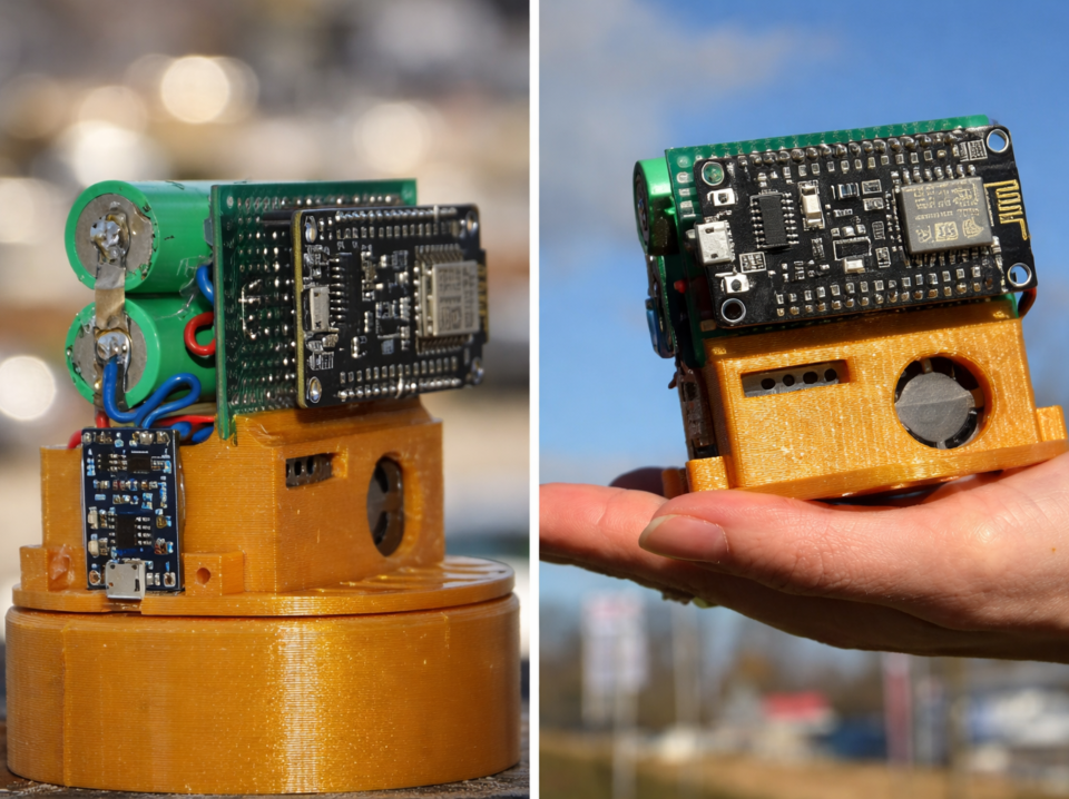 Czujnik jakości powietrza IoT mierzący PM1, PM2.5 i PM10 zamontowany w obudowie z 3D printu